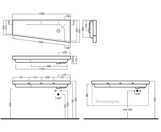 Hatria Grandangolo 130x50cm Umywalka Podwieszana Trapezowa lewa