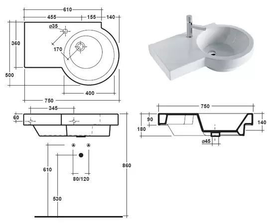 Olympia Ceramica Tutto Evo 75x50cm Umywalka podwieszana prawa biała