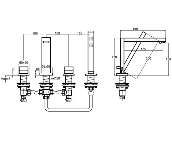 Kohlman excelent bateria wannowa 4-otworowa chrom qb240h