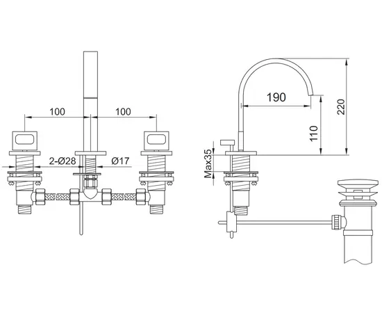 Kohlman nexen-s bateria umywalkowa 3-otworowa chrom sqb202u