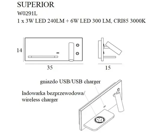 Maxlight superior w0291l lewa kinkiet z gniazdem usb i ładowarką indukcyjną biały